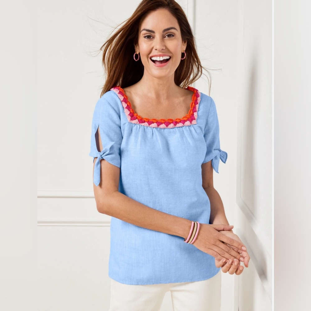 Talbots Light Blue Top with Red and Orange Accents